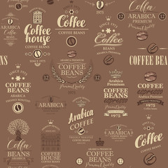 Vector seamless pattern on coffee and coffee house theme with various labels in retro style on the brown background. Suitable for wallpaper, wrapping paper, textile, fabric
