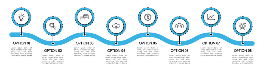 Simple infographic template with business icons and 8 options. Timeline. Vector