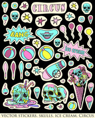 Set of stickers, pins. Skull, ice cream and circus attributes. Creepy, fun cartoon illustration. Bright, acid colors on black.