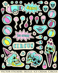 Set of stickers, pins. Skull, ice cream and circus attributes. Creepy, fun cartoon illustration. Bright, acid colors on black.