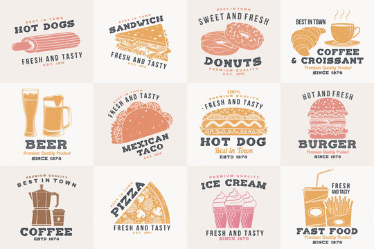 Set of fast food retro badge design. Vintage design with hotdog, burger, pizza for cafe, restaurant, pub or fast food business. Template for restaurant identity objects, packaging and menu