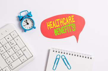 Fototapeta premium Word writing text Healthcare Benefits. Business photo showcasing monthly fair market valueprovided to Employee dependents Blank paper with copy space on the table with clock and pc keyboard