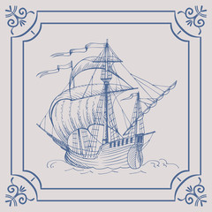 Old caravel. Ship on the Blue Dutch tile. Imitation. Frigate, vintage sailboat, Sailing vessel , glazed porcelain ceramic.
