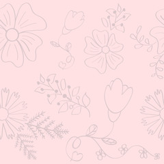 Floral seamless pattern with flowers and leaves. Beautiful abstract texture with blossom. Vector background with pink pastel color. Sketch illustration