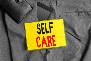 Conceptual hand writing showing Self Care. Concept meaning the practice of taking action to improve...