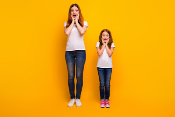 Full body photo of impressed people touching their face isolated over yellow background