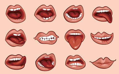 Fototapeta na wymiar Set of vector illustrations of sexy woman lips expressing different emotions, such as smile, kiss, half-open mouth, lip licking, tongue out. Doodle lips collection on a flesh color background
