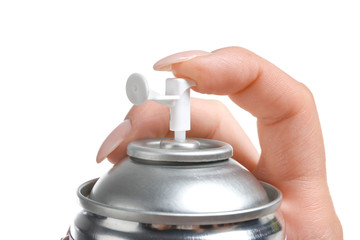 Female hand with bottle of air freshener on white background, closeup
