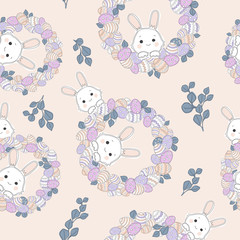 Soft and cute Easter background with Easter eggs and spring brunches. Eastern decoration seamless pattern.