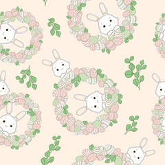 Easter wreath with easter eggs hand drawn seamless pattern. Easter eggs with ornaments in circle shape.