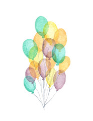 Fototapeta na wymiar Watercolor air balloons. Hand drawn pack of party colorful balloons isolated on white background. Greeting object art.