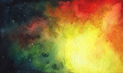 Abstract bright colorful universe. Nebula night starry sky in rainbow colors. Multicolor outer space. Nebula and galaxies in dark space for posters, banners, web design. watercolor illustration.