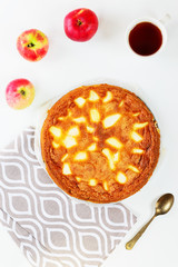 Charlotte homemade apple pie on a white table. Flat lay, vertical orientation, closeup.