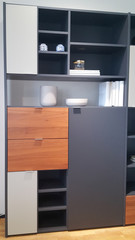 Part of interior with Wooden Shelving Unit Design interior with furniture