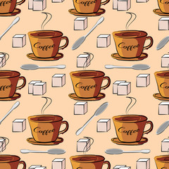 Seamless pattern brown coffee cups on a light brown background