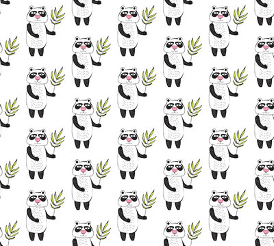 Seamless pattern of cartoon pandas. Children s background. Colorful vector illustration. Cute cartoon character. Happy bear with eucalyptus. Doodle style. For design