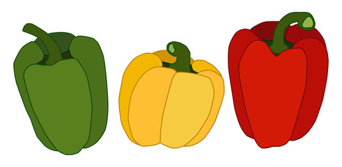 Three bell peppers of different colors in a flat style. Vector illustration.