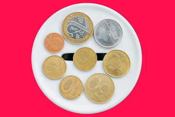 White porcelain piggy Bank with different coins