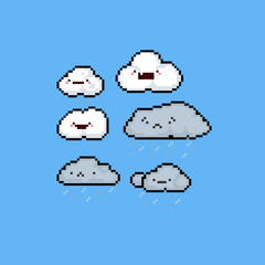 Pixel art cartoon sad and happy cloud set.8bit.