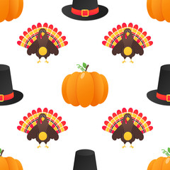 Seamless colorful thanksgiving pattern with turkey bird, pumpkins and the hat on it flat style design vector illustration isolated on white background