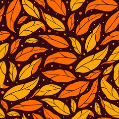 Seamless pattern with autumn leaves on dark red background for fabric, wallpaper, textile, web design.