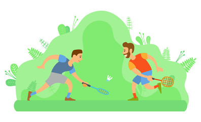 Obraz na płótnie Canvas Outdoor activity or sport, men friends playing badminton vector. Rackets and shuttlecock, meadow and nature, sporting equipment and male characters. Summer activity. Flat cartoon