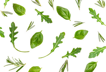 Organic Basil  leaves and ruccola herb  isolated on white background. Herbs Pattern.  Flat lay, top...