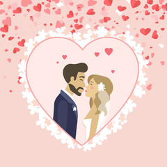 Bride and groom vector, kissing husband and wife wearing veil decorated with flower, hearts and romantic atmosphere. Wedding ceremony celebration. Flat cartoon
