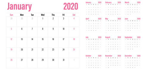 Calendar planner 2020 template vector illustration all 12 months week starts on Sunday and indicate weekends on Saturday and Sunday