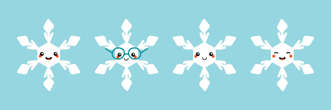 Set, collection of cute cartoon smiling snowflakes characters for winter and christmas design.