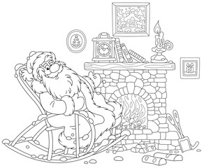 Santa Claus sitting in his creaking rocking chair and basking by an old fireplace with a mantel clock after a winter walk through a snowy forest, black and white vector illustration in a cartoon style