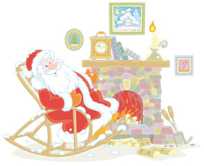 Santa Claus sitting in his creaking rocking chair and basking by an old fireplace with a mantel clock after a winter walk through a snowy forest, vector illustration in a cartoon style