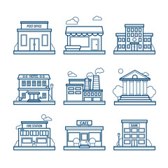 Set of modern vector line city buildings for web design and illustration - 289448800