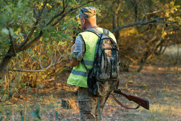 Hunting period, autumn season open. A hunter with a gun in his hands in hunting clothes in the autumn forest in search of a trophy. A man stands with weapons and hunting dogs tracking down the game.	