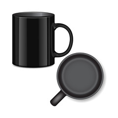 Black tea mug. Side view and top view. Realistic vector Mock up Template