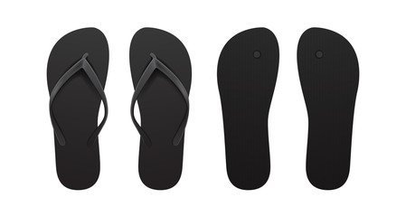 Black Empty Flip Flop set. Front and back view. Vector Design Template of Summer Beach Flip Flops Pair For Advertising, logo print
