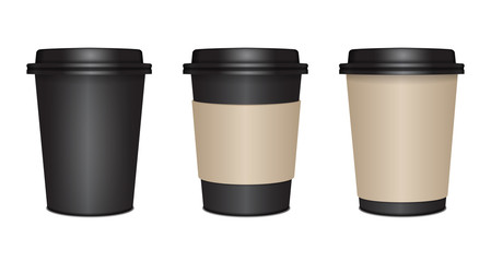 Realistic black mock up paper cups set with black plastic lid. Coffee to go, take out mug