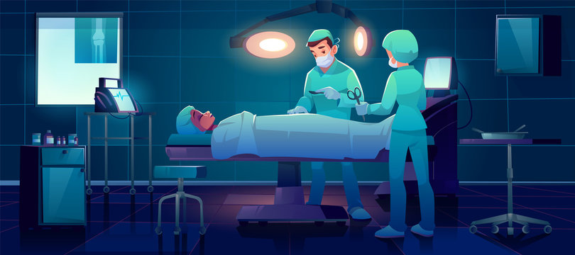 Plastic surgeon operating patient with assistant help in surgery dark room with medical stuff. Woman lying on table under glowing lamp in hospital with life support system. Cartoon vector illustration