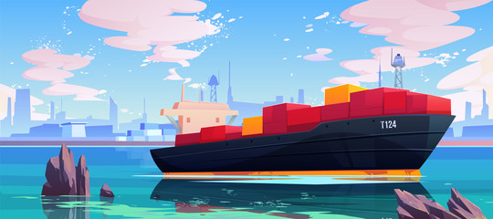 Cargo ship in sea port dock, industrial vessel with containers freight in harbor shipyard, goods import and export maritime logistic service Commercial ocean transportation Cartoon vector illustration © vectorpouch
