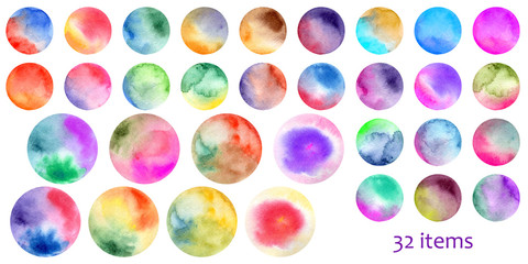 hand-drawn watercolor abstract circles with colored stains, brush imitating nature, water, the moon, New Year's balls, decorations for use in design, textiles, card, banner