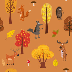 Autumn forest cute animals seamless pattern with trees leaves