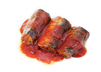 Canned fish (sardines, pilchards fish in tomato sauce)with soft shadow isolated on white background...