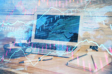 Multi exposure of forex graph and work space with computer. Concept of international online trading.