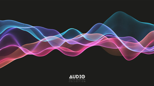 Vector 3d echo audio wavefrom spectrum. Abstract music waves oscillation graph. Futuristic sound wave visualization. Colorful glowing impulse pattern. Synthetic music technology sample.