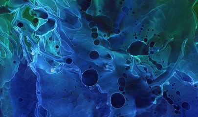 Bright dark blue alcohol ink neon abstract background. Modern deep glowing flow liquid watercolor paint splash texture effect illustration for card design, creative banners, ethereal graphic design.