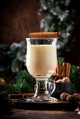 New Year or Christmas Eggnog cocktail - hot winter or autumn drink with milk, eggs and dark rum, sprinkled with cinnamon and nutmeg in a glass on wooden background, festive decoration