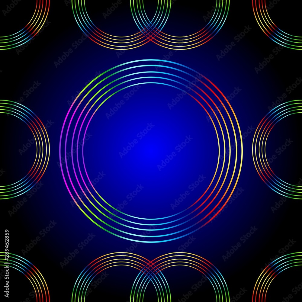 Poster seamless abstract neon vector background with circle of rainbow colors.
