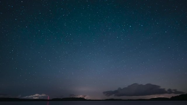 Time lapse of a star sky over a lake