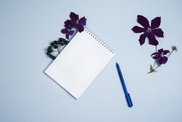 Flower arrangement. Notepad, pen, black Aronia berries, purple clematis flowers on a gray background.