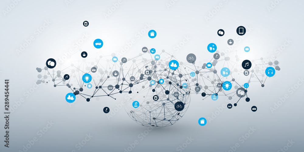 Poster internet of things, cloud computing design concept with wireframe and icons - global digital network